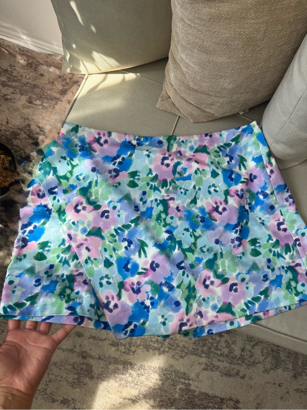 Zara Floral Watercolor Mini Skirt - Blue, Pink & Green